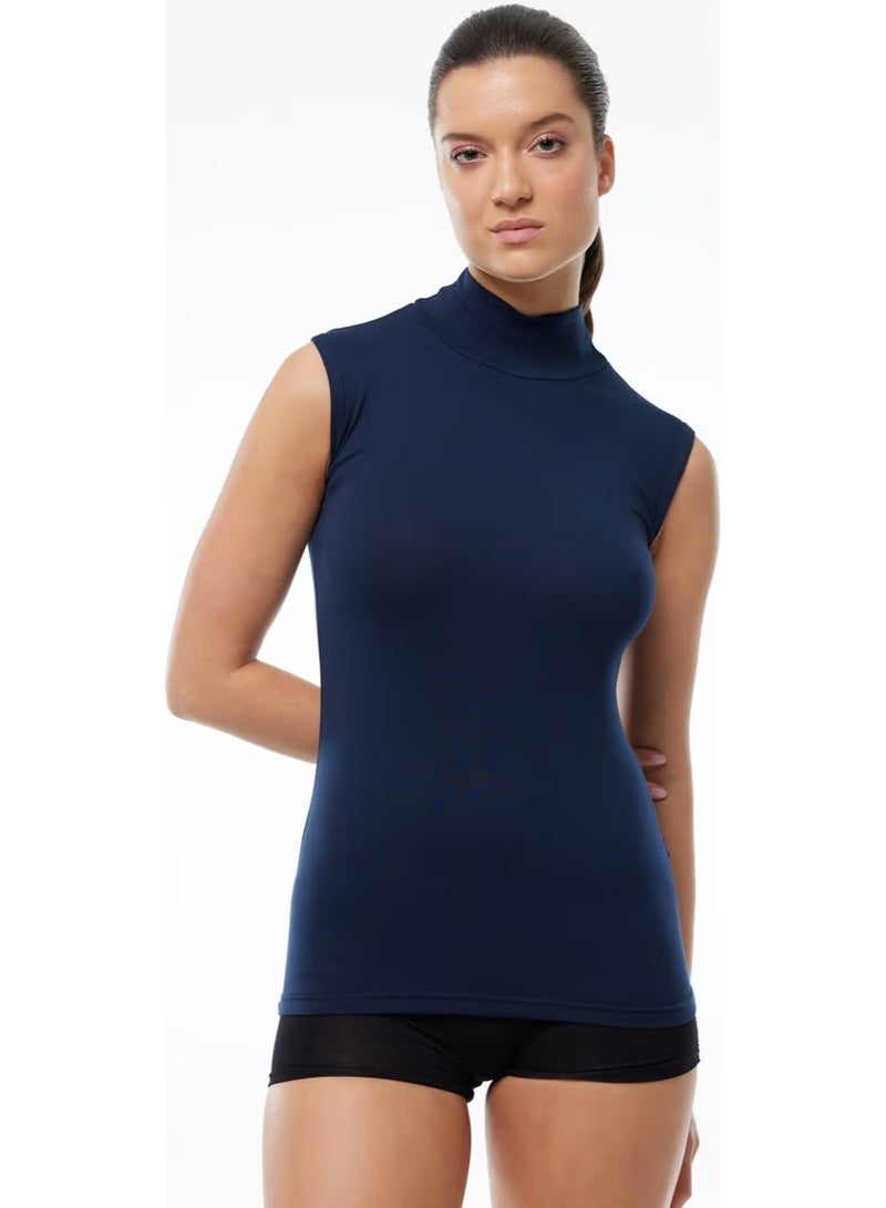 Malabadi Women's Navy Blue Sleeveless Half Turtleneck Modal Bodysuit 1044 - Image 1